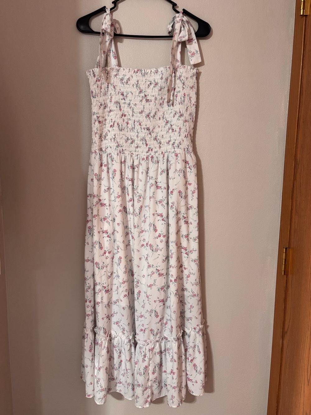 Amazon White Midi Dress with Pink Floral Print and Tie Straps